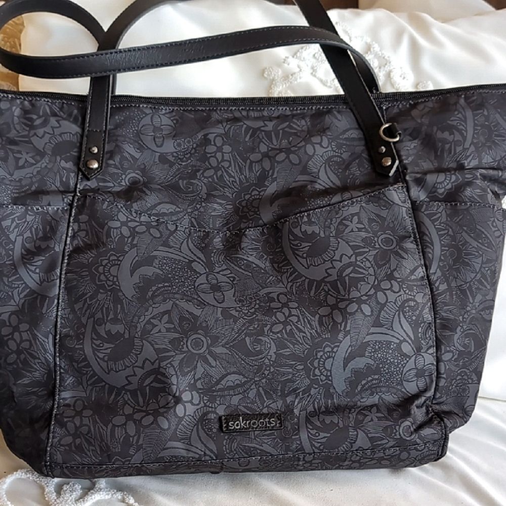 Sakroots Large Travel/Laptop Tote Gray/Black Floral Pattern NWOT